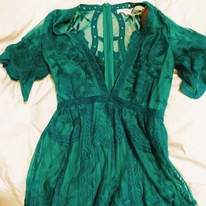 HONEYPUNCH Green Floral Lace Deep V Romper